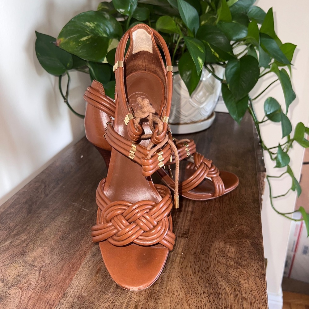 Tory Burch Audrianna Knotted Leather Heeled Sandals Dressy -‎ Tan  Size 8M